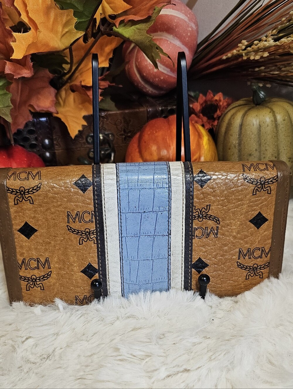 MCM Cognac Logo Wallet with Light Blue and White Stripe - Picture 2 of 16